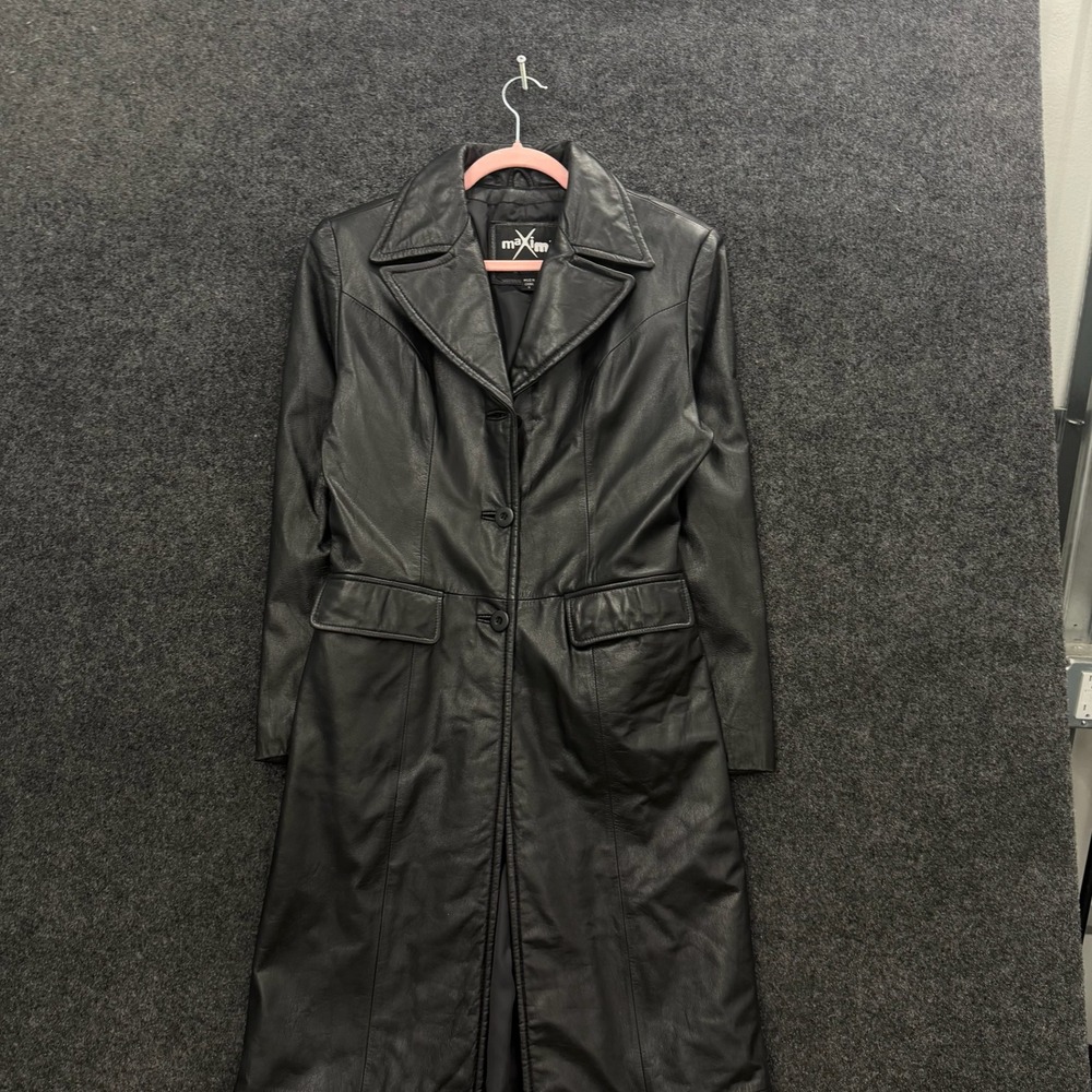 Vintage Maxima Black Leather Long Trench Coat Duster Matrix Gothic Womens Small